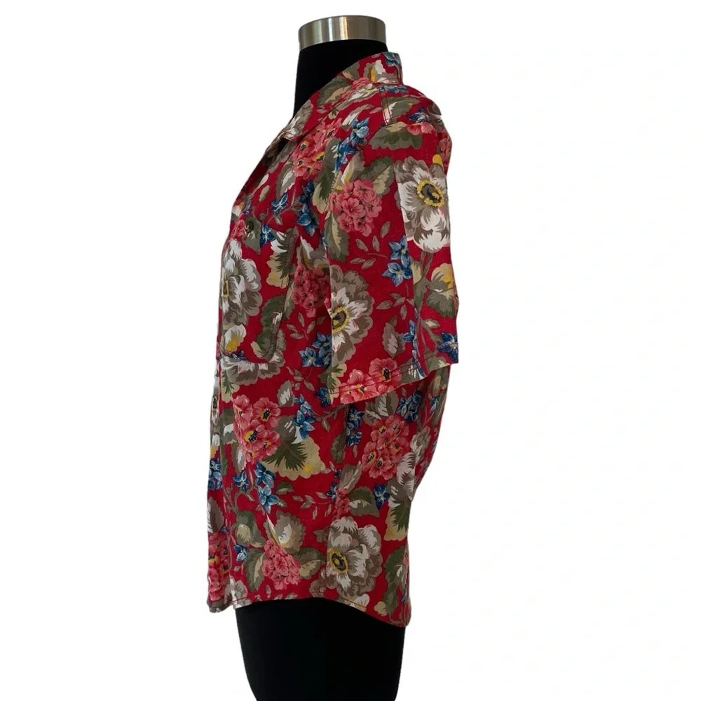 Vintage LizWear Petite red Hawaiian button down shirt short sleeve SP cotton - Picture 6 of 13